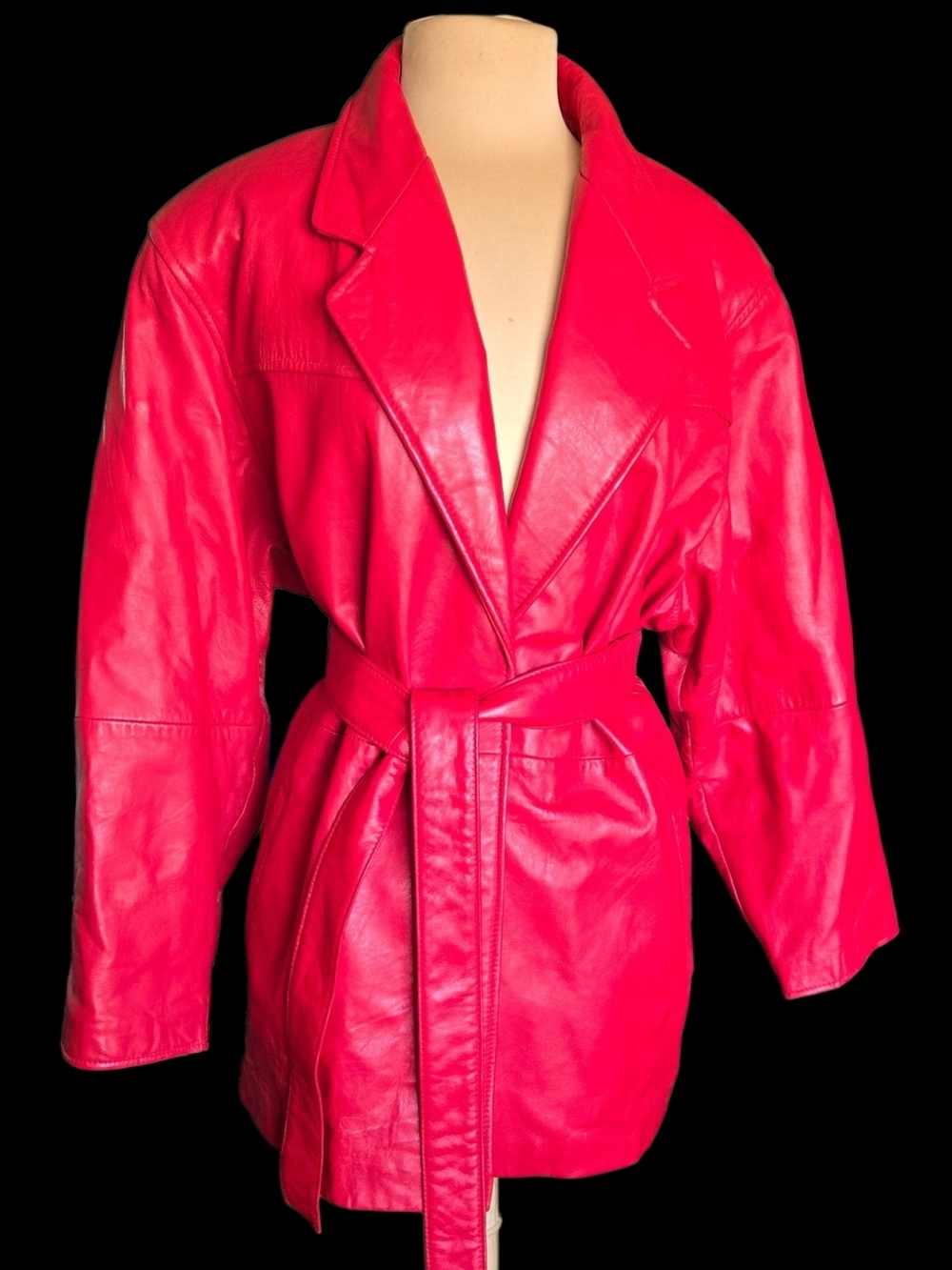 Y2K Vintage Maxima Bright Red Leather Belted Jacket Sz L